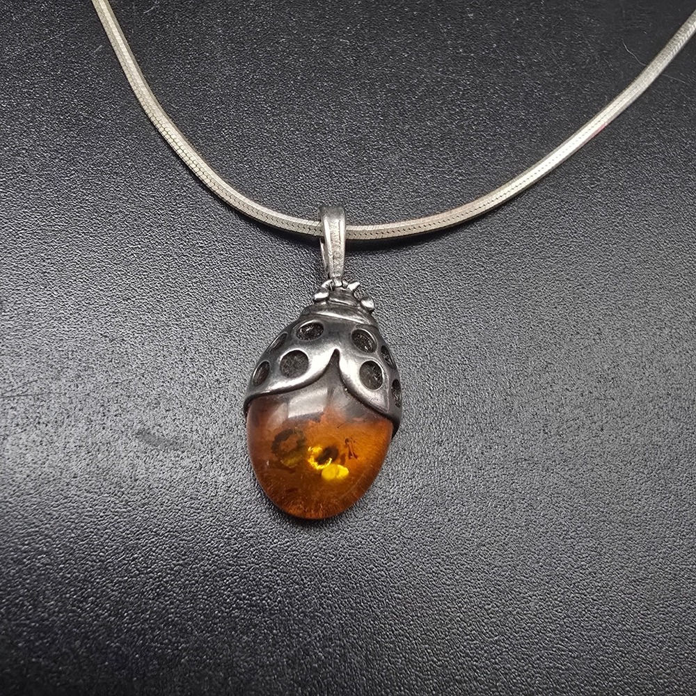 Sterling Silver Amber Lady Bug Pendant Necklace 925 Vintage Jewelry